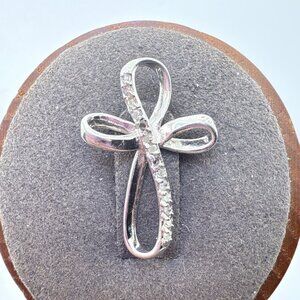 VTG Sterling Silver 925 Natural Diamond Rounded Cross Pendant Size 1" Length